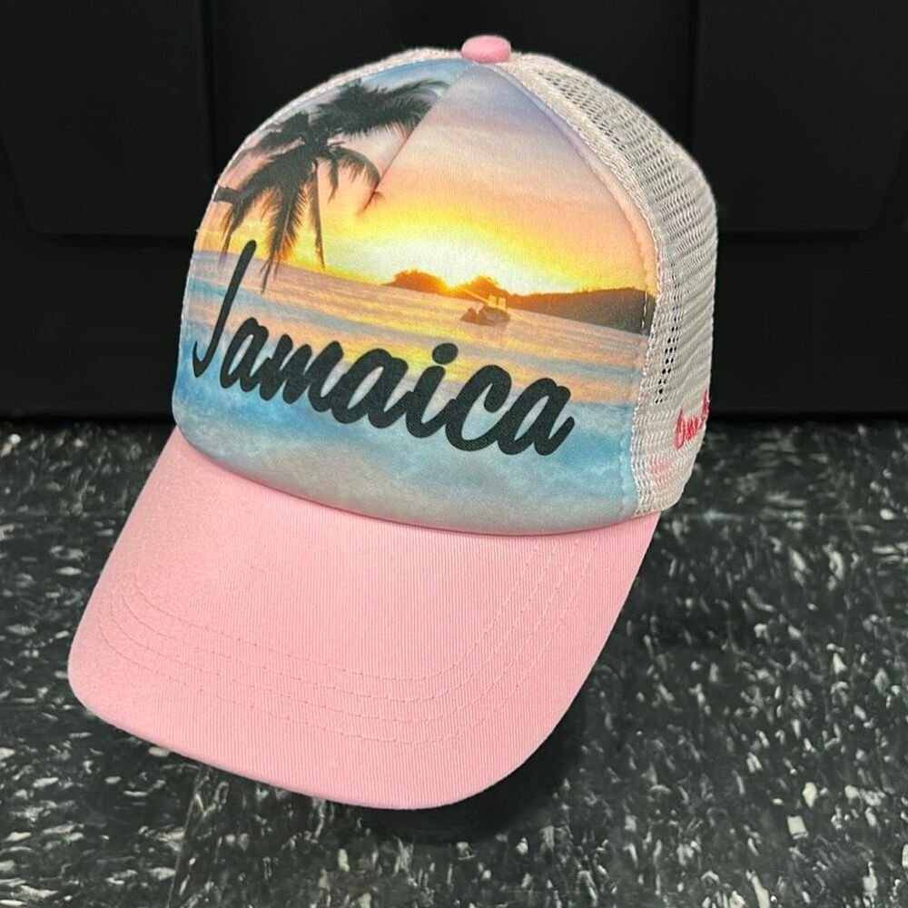 Jamaica Snapback Trucker Hat Pink White Sunset Palm Tree Beach One Love